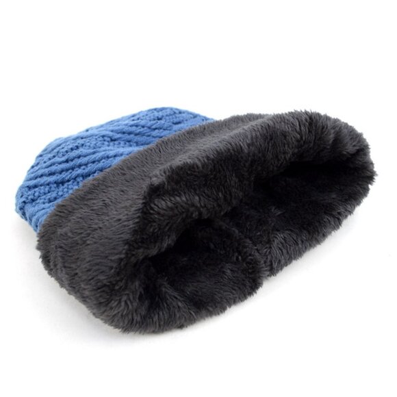 Hat - Slouchy Oversized Baggy  Winter Beanie Hat- Blue W/Gray Fur - Unisex - NWT - Picture 4 of 9